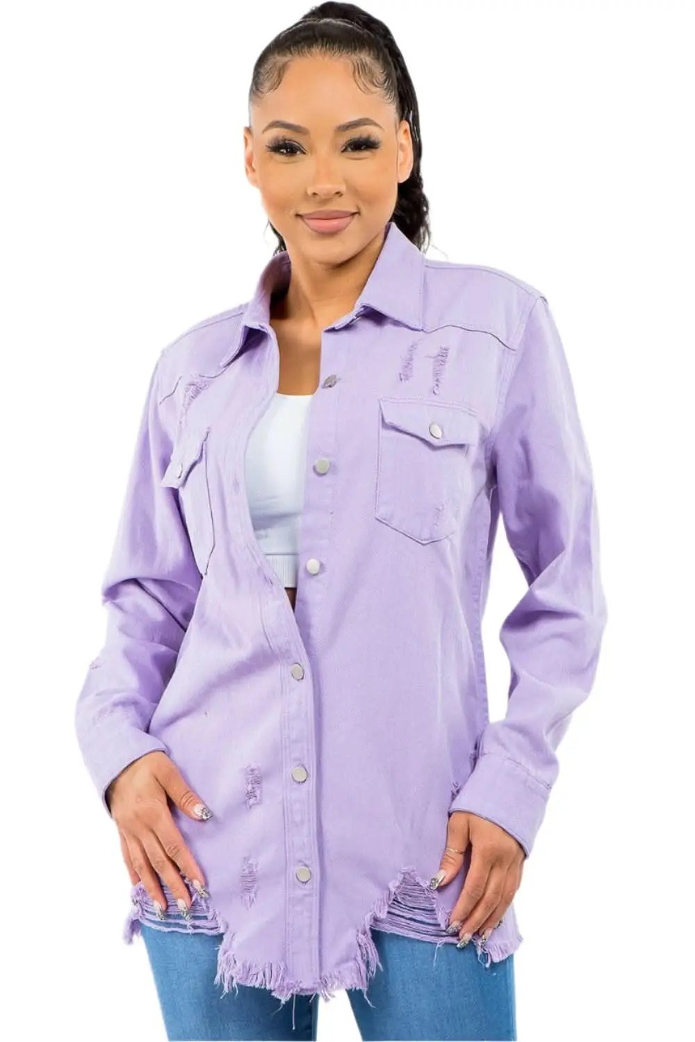 Trendsi American Bazi Frayed Hem Distressed Denim Jacket - Women's Fashion Jeans & Denim Outerwear