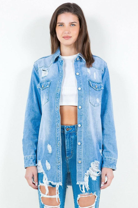 Trendsi American Bazi Frayed Denim Shirt Jacket Light Blue Small