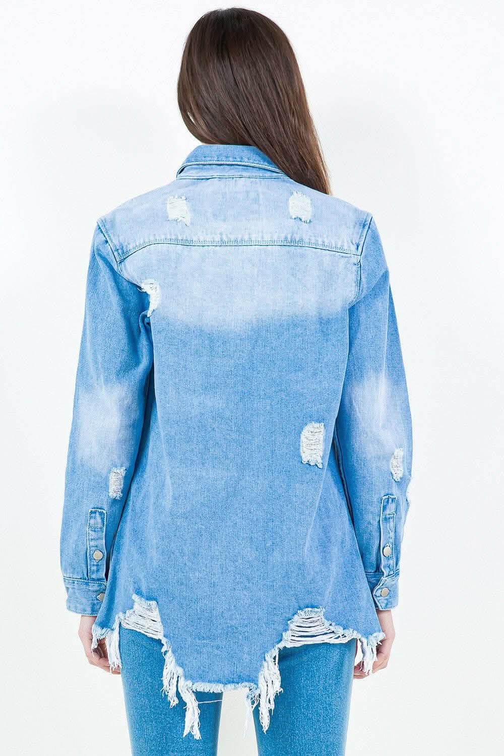 Trendsi American Bazi Frayed Denim Shirt Jacket Light Blue Small