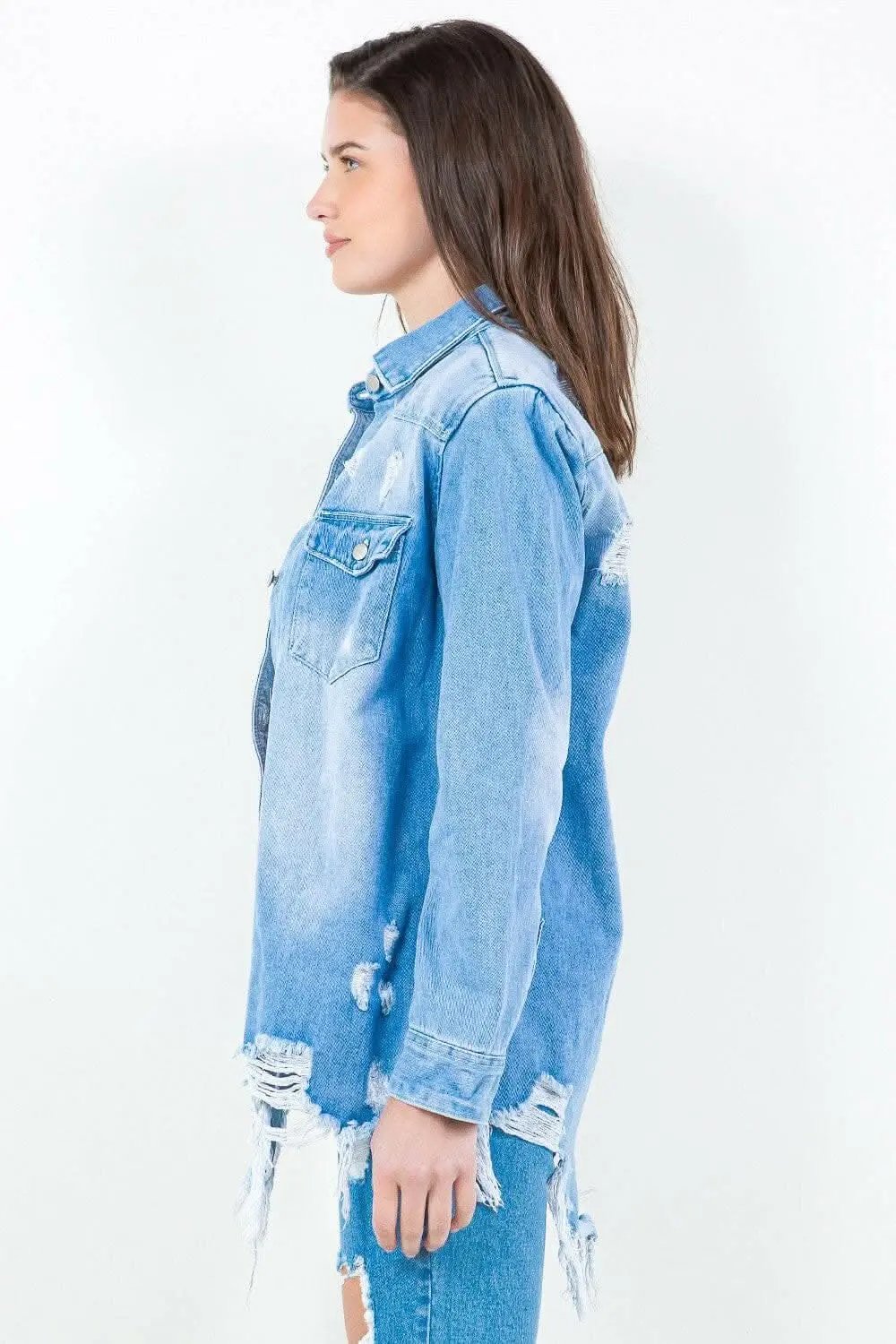 Trendsi American Bazi Frayed Denim Shirt Jacket Light Blue Small