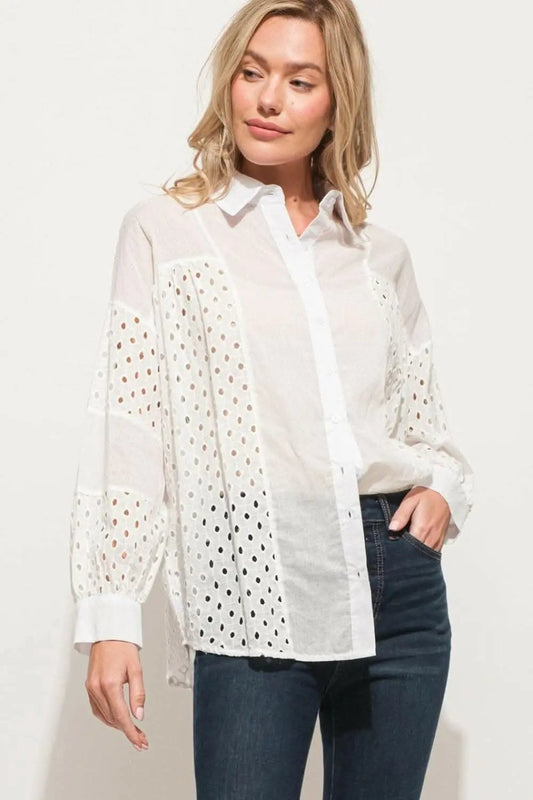 Trendsi And The Why Eyelet Long Sleeve Button Down Shirt - USA Design,