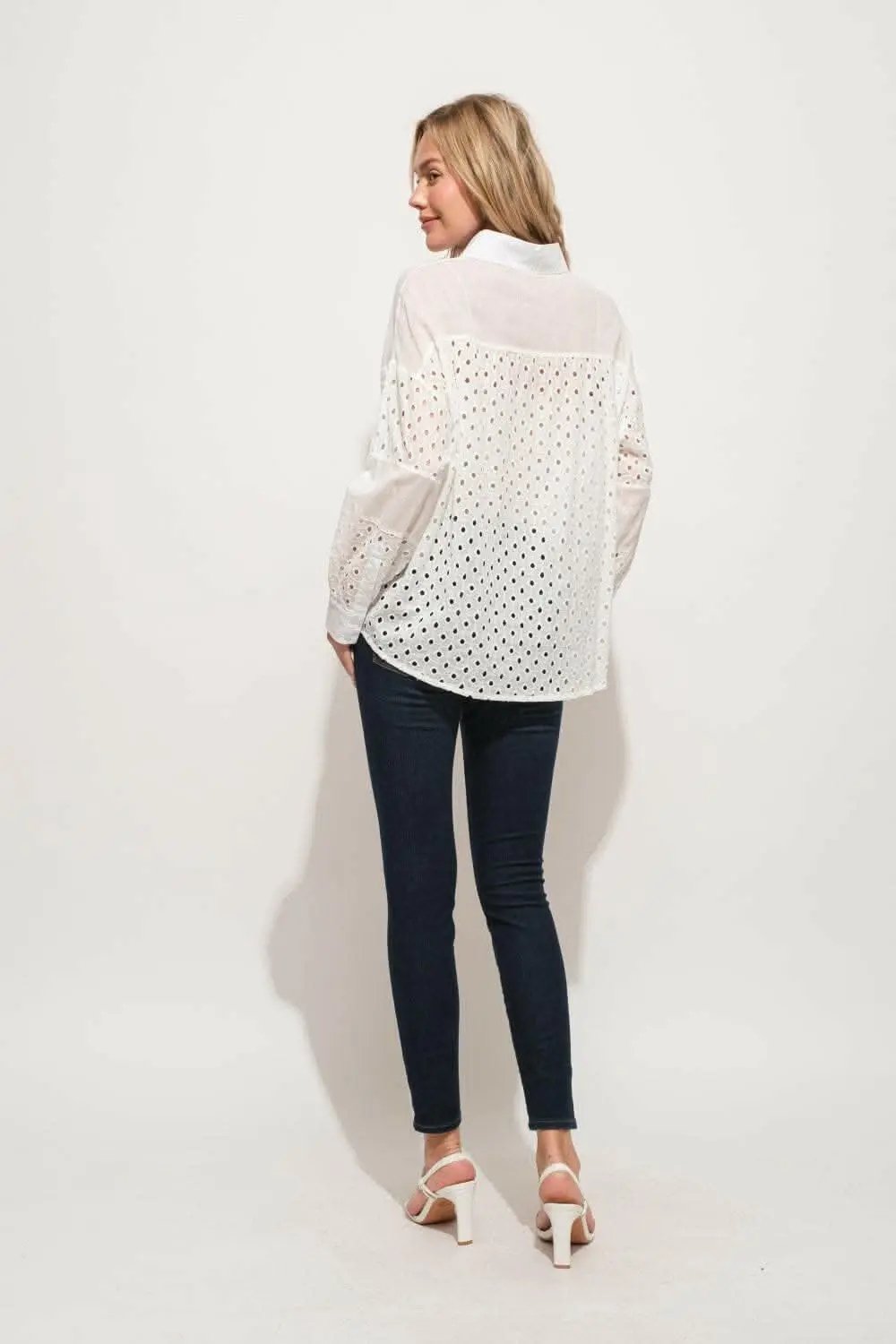 Trendsi And The Why Eyelet Long Sleeve Button Down Shirt - USA Design,