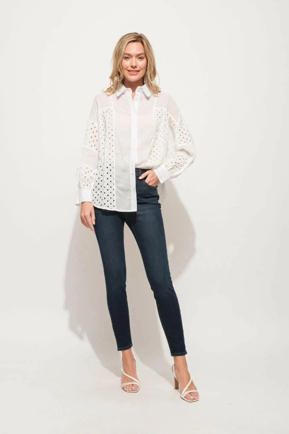 Trendsi And The Why Eyelet Long Sleeve Button Down Shirt - USA Design,