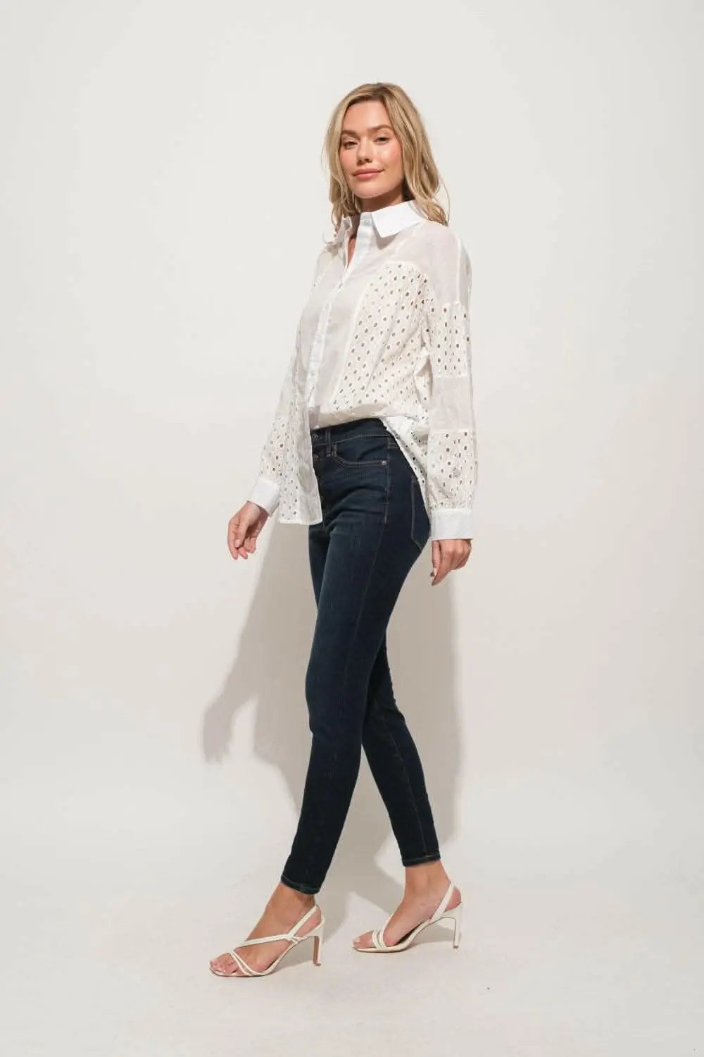 Trendsi And The Why Eyelet Long Sleeve Button Down Shirt - USA Design,