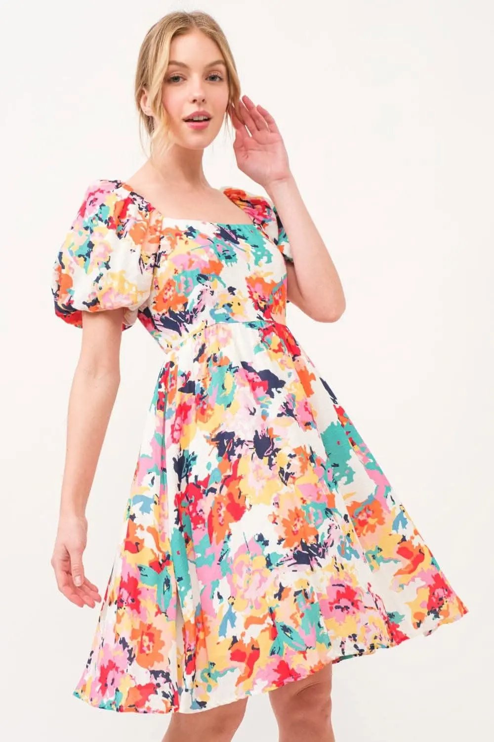 Trendsi Floral Puff Sleeve Square Neck Dress Multi M