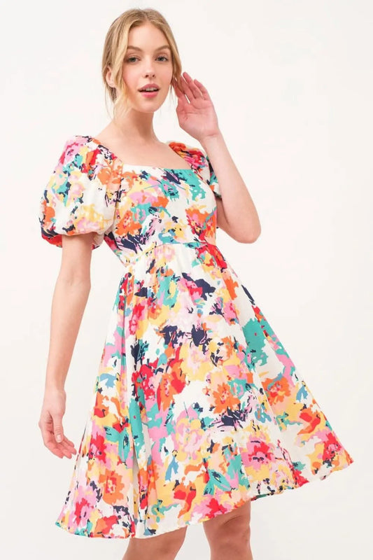 Trendsi Floral Puff Sleeve Square Neck Dress Multi M