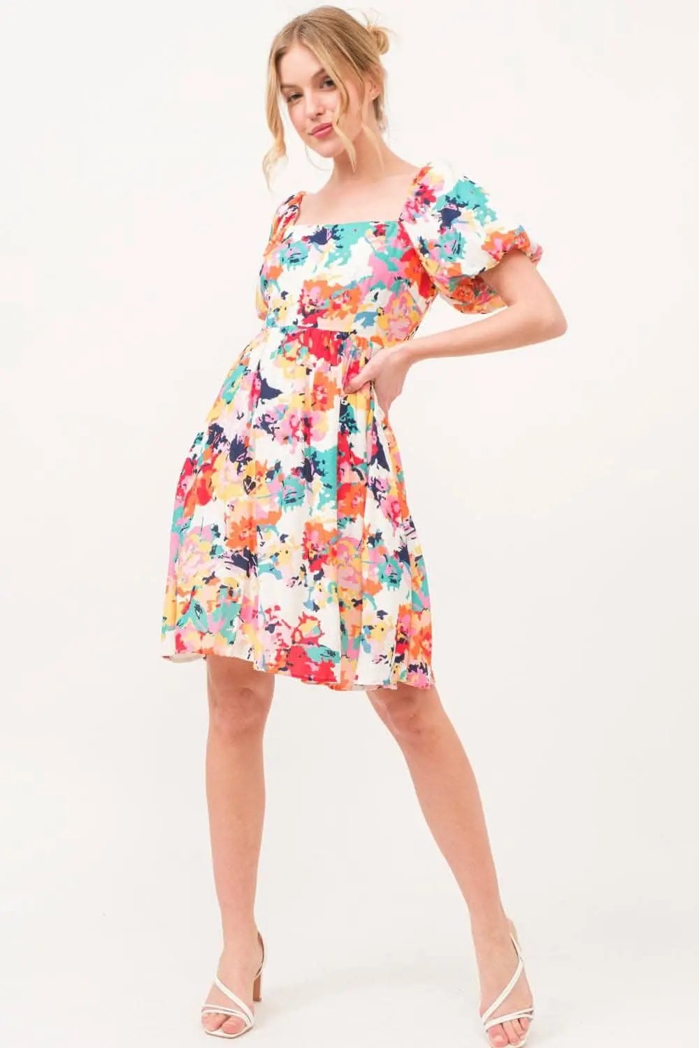 Trendsi Floral Puff Sleeve Square Neck Dress Multi M