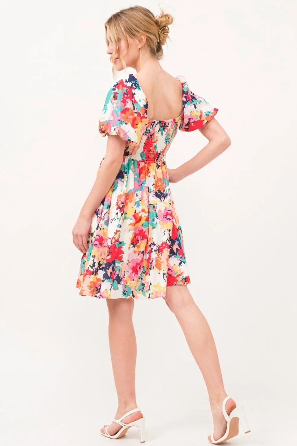 Trendsi Floral Puff Sleeve Square Neck Dress Multi M