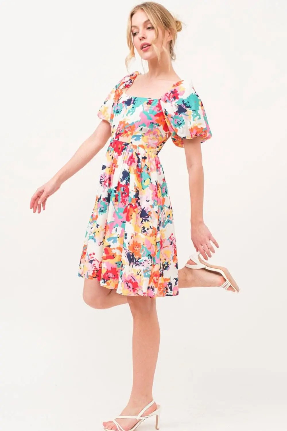 Trendsi Floral Puff Sleeve Square Neck Dress Multi M