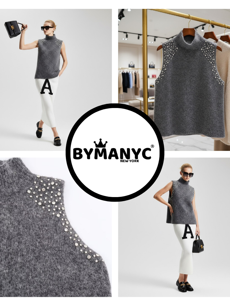 Anthracite Jewel Knit Vest with Crystal Appliqués • BYMANYC ® New York