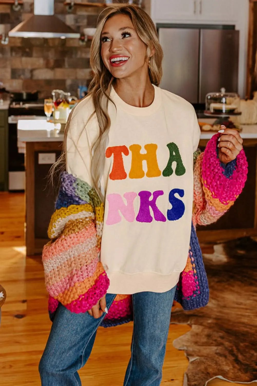 Love Salve Apricot THANKS Chenille Embroidered Drop Shoulder