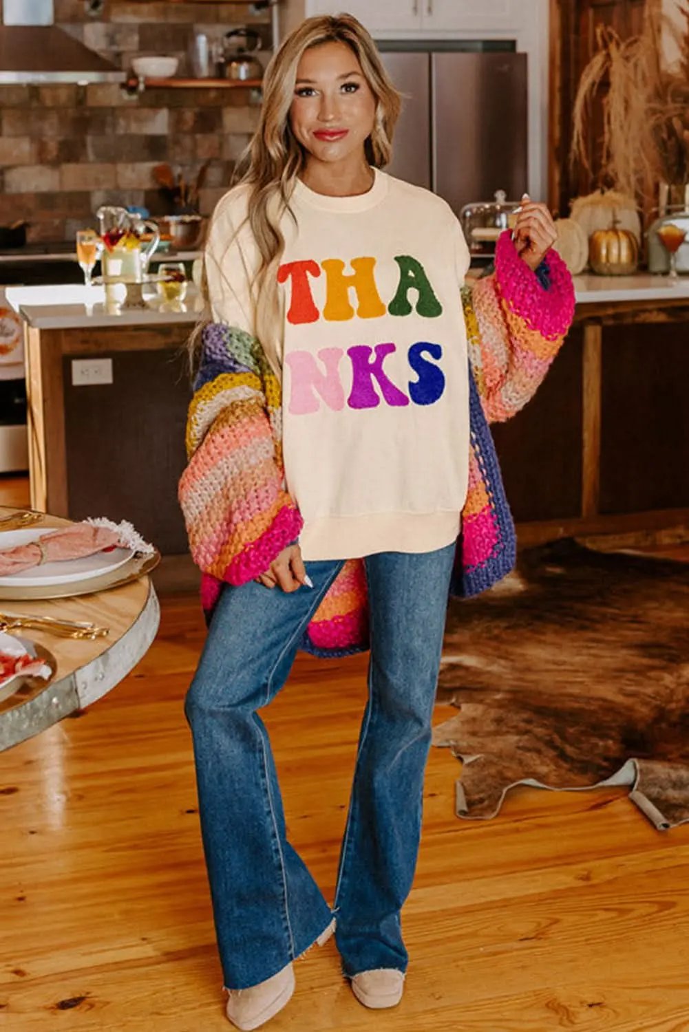 Love Salve Apricot THANKS Chenille Embroidered Drop Shoulder