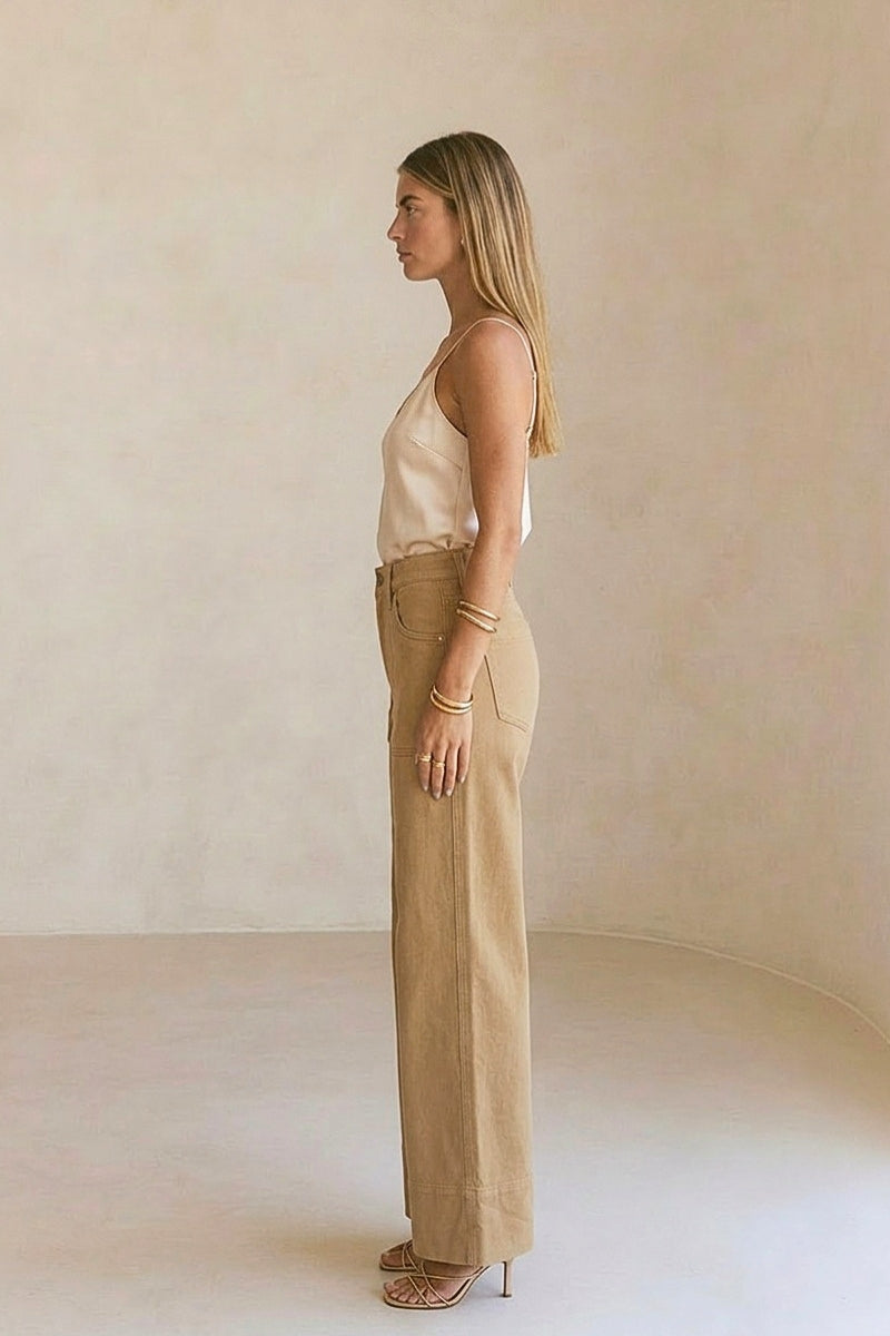 HIGH RISE TUMMY CONTROL GARMENT DYED PALAZZO JEANS