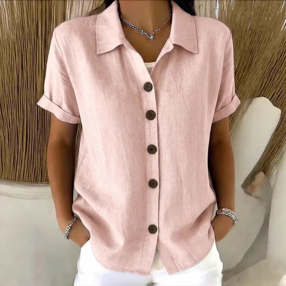 Shirt Collar Short Sleeve Button Top – Loose Fit Cotton-Linen Casual