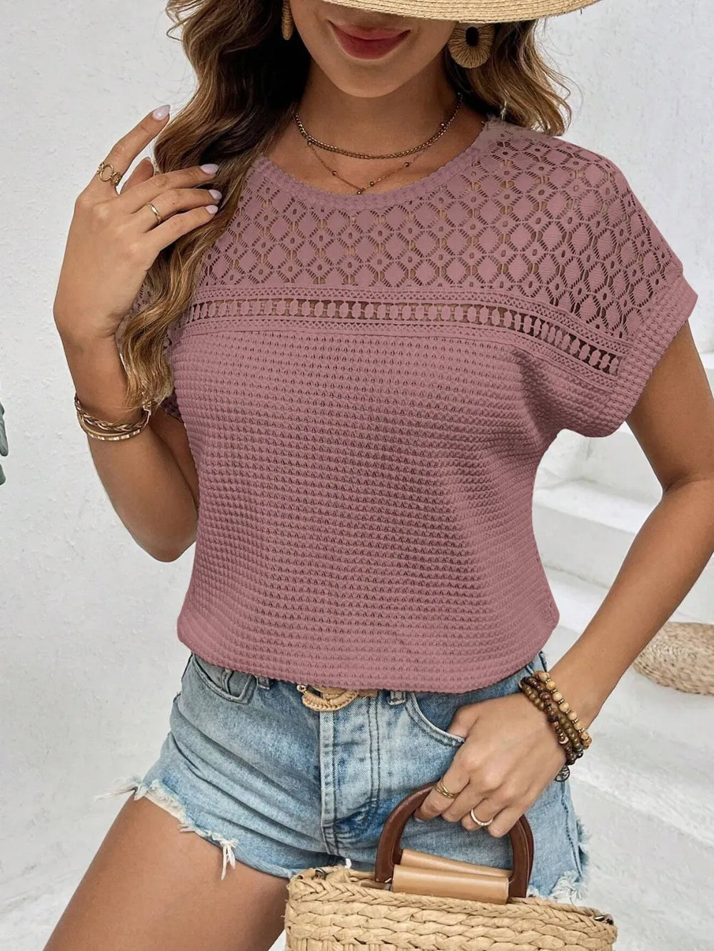Waffle-Knit Round Neck Short Sleeve Top – Lace Detail