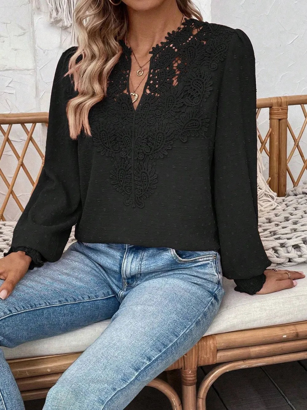 Swiss Dot Lace Detail Notched Long Sleeve Blouse – Feminine Style