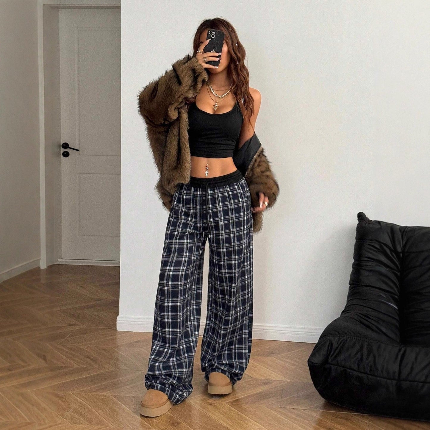 High Waist Plaid Straight Leg Sweatpants – Loose Fit Casual Pants