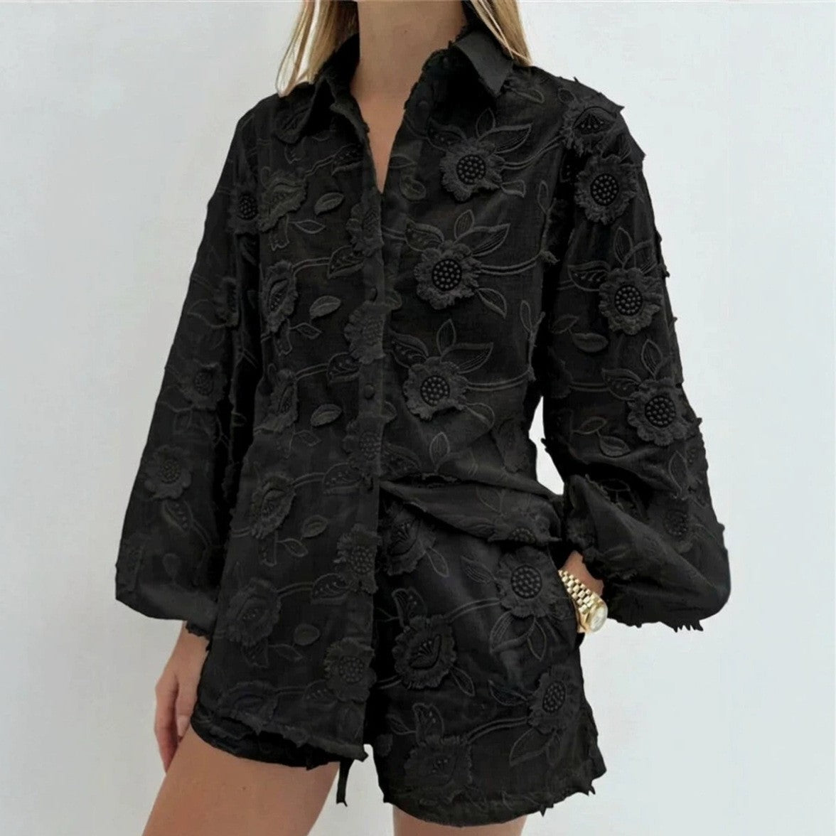 Embroidered Cotton Shirt & Shorts Two-Piece Set