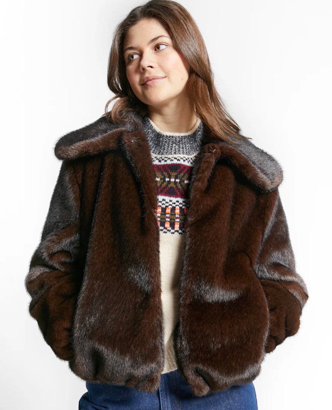 Indee - Weather Fake Fur Jacket with Collar, Coffee