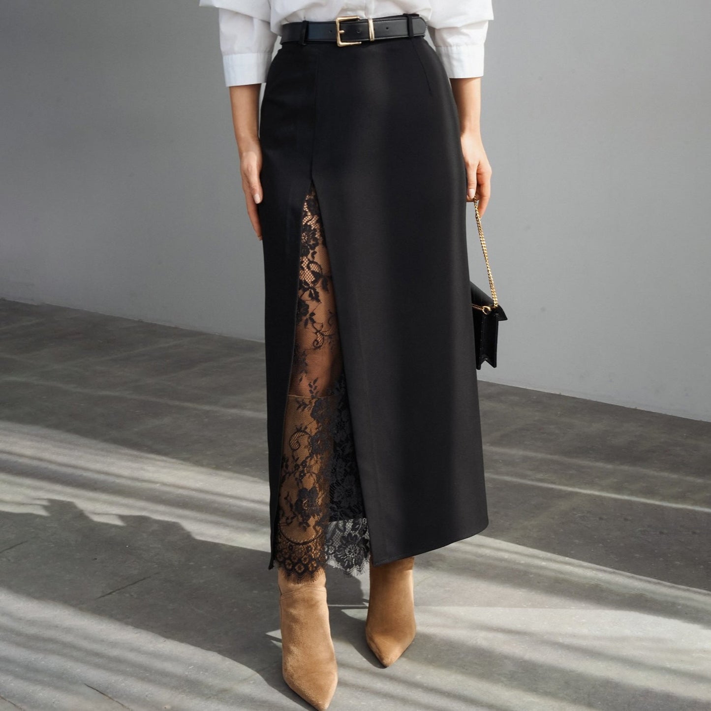 Side Slit Lace Patchwork Maxi Skirt
