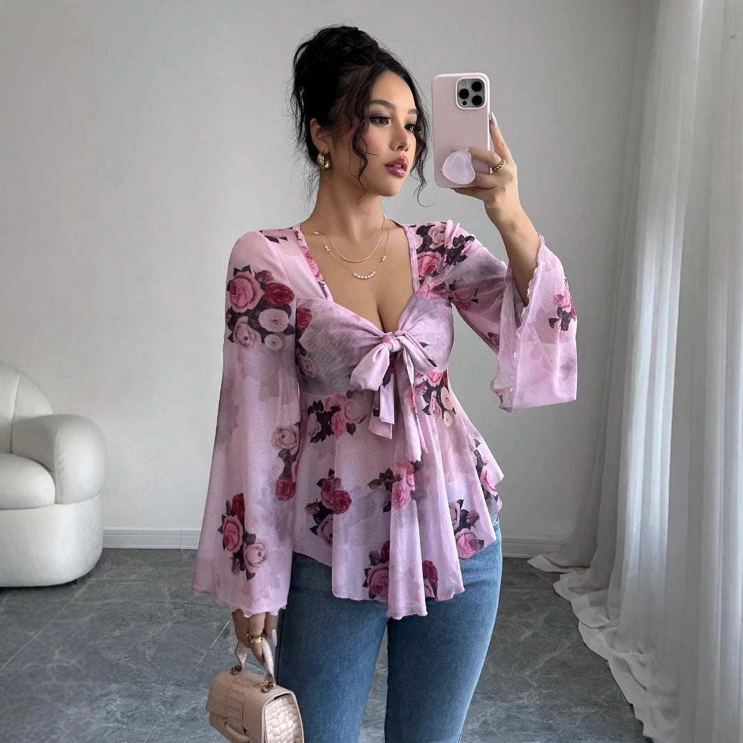 Floral Ombré Tie-Back Square Neck Long Sleeve Blouse – Sweet Style