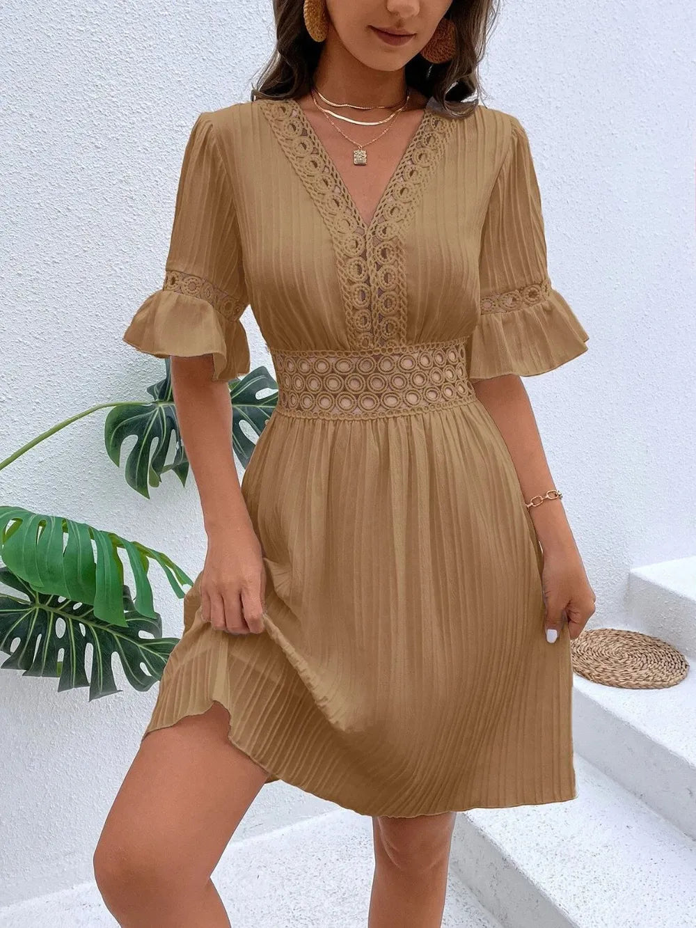 Cutout V-Neck Flounce Sleeve Mini Dress – Ruffled Lined Style