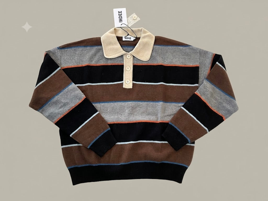Indee - Wishes Multicolored Striped Polo Collar Pullover, Coffee