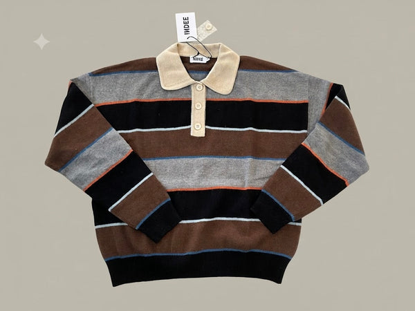 Indee - Wishes Multicolored Striped Polo Collar Pullover, Coffee
