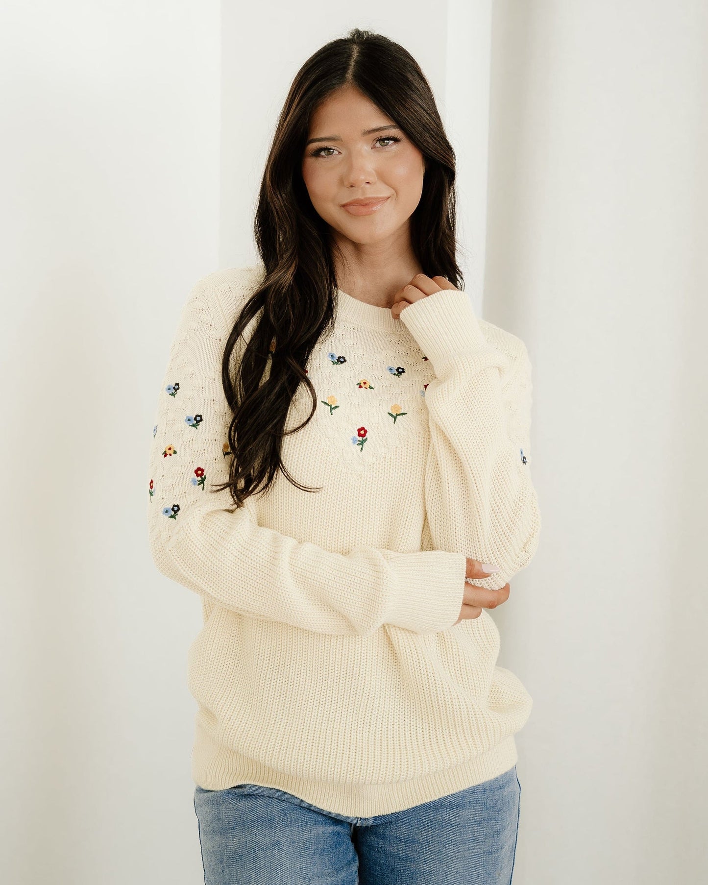 Gemma Mixed Texture Knit Flower Embroidered Detail Casual Sweater