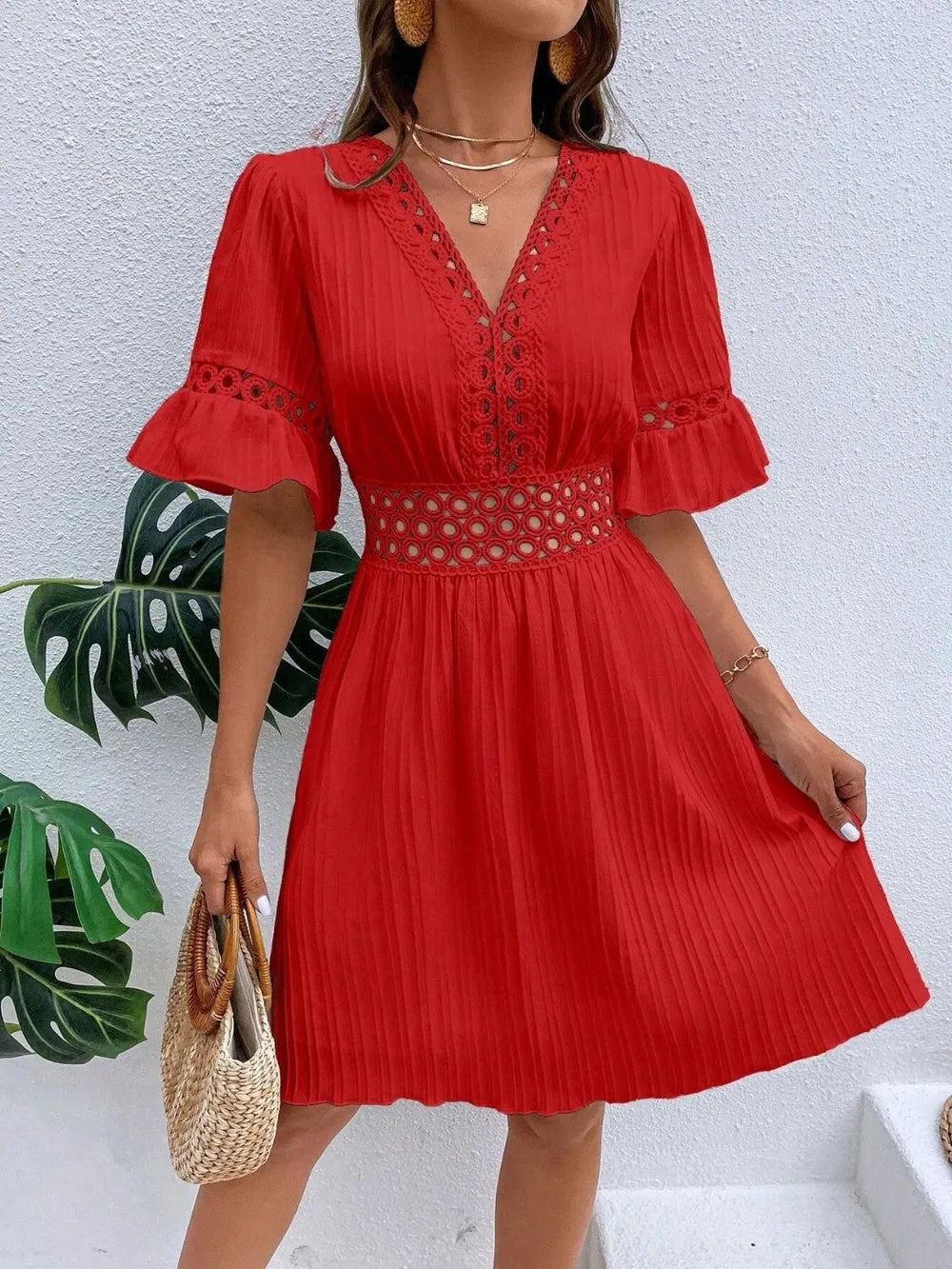 Cutout V-Neck Flounce Sleeve Mini Dress – Ruffled Lined Style