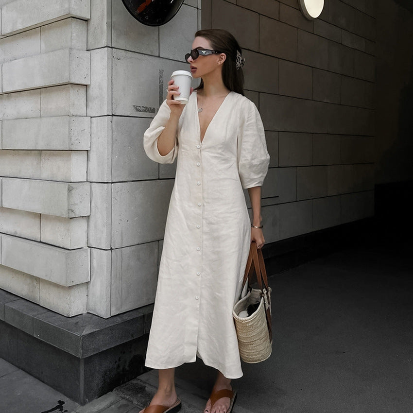 V-Neck Bubble Sleeve Loose Midi Dress in Cotton Linen