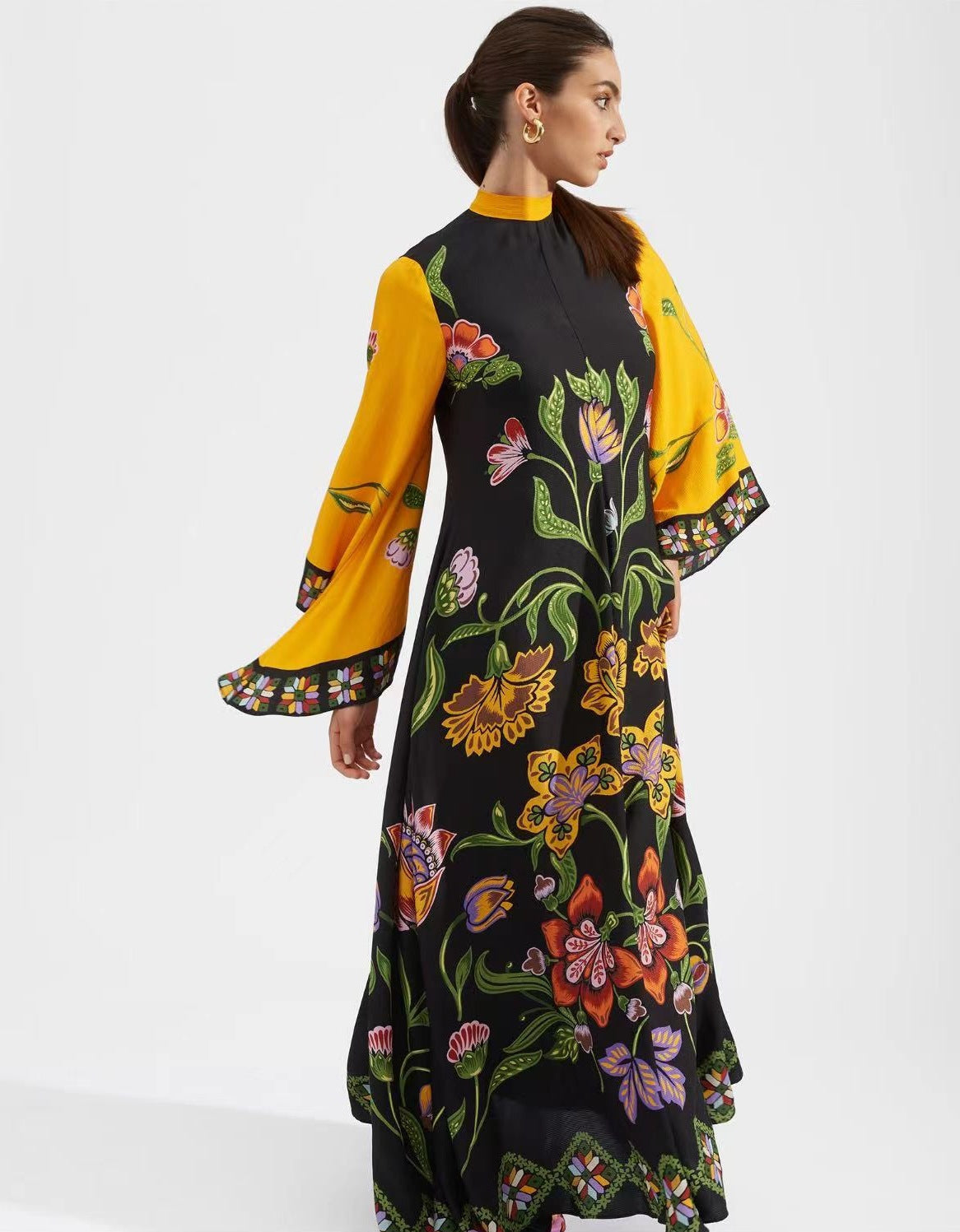Women's Printed Maxi Dress – Stand Collar Flared Sleeve A-Line Gown