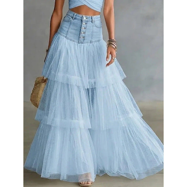 Women's Denim Waist Layered Mesh Maxi Skirt – A-Line Tulle Swing Skirt