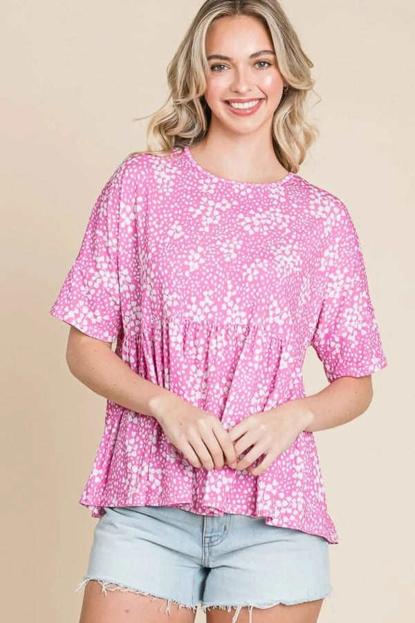 Blouse - Floral Round Neck - Peplum