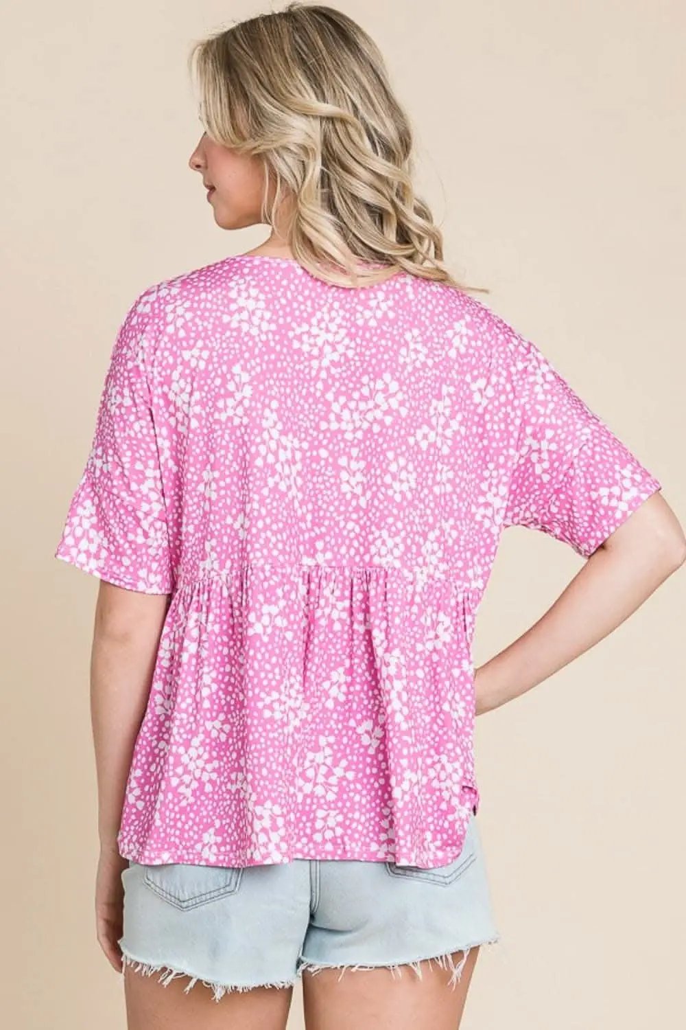 Blouse - Floral Round Neck - Peplum