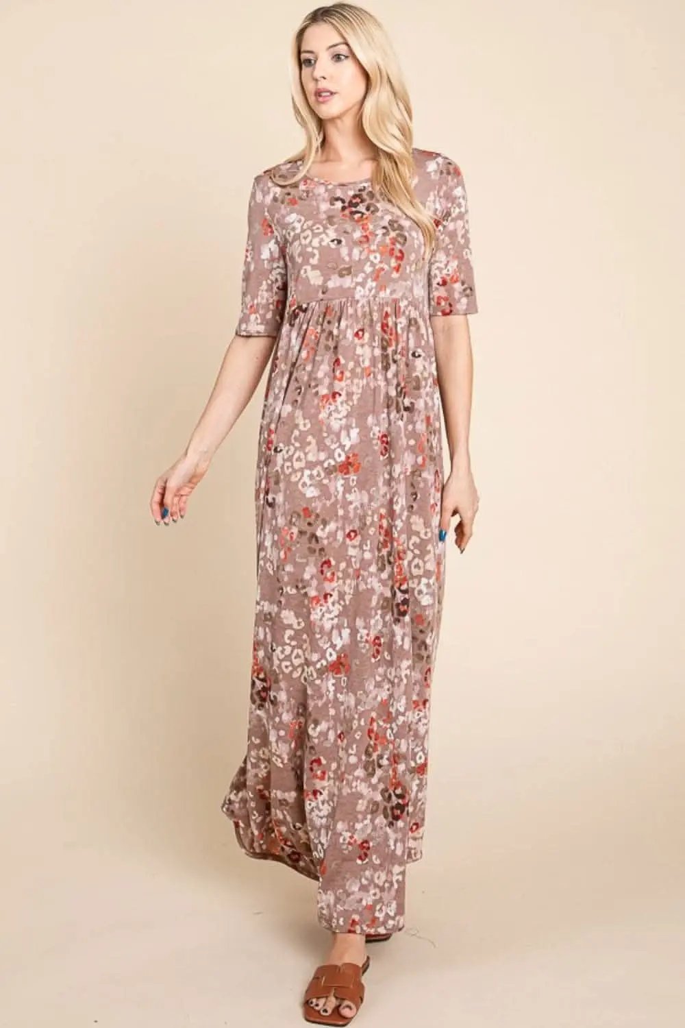 Trendsi BOMBOM Printed Shirred Maxi Dress for Effortless E