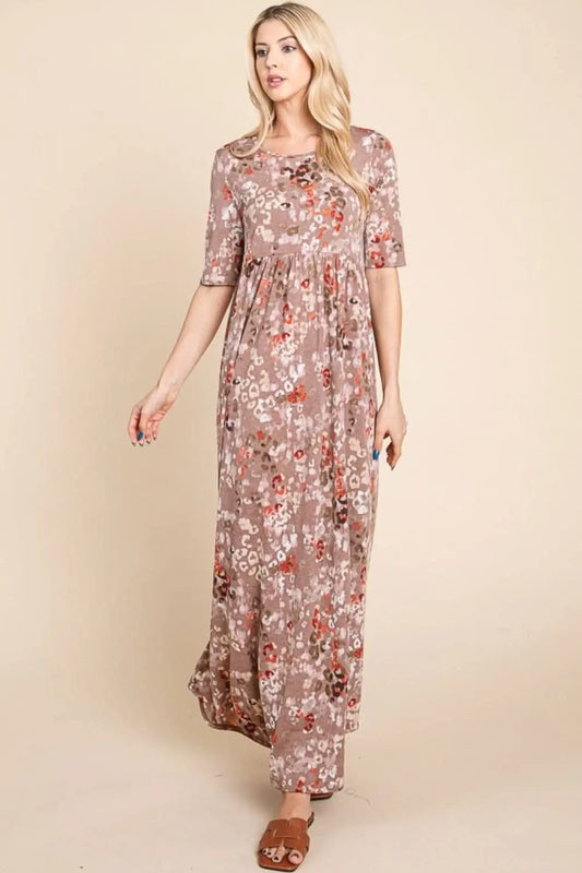 Trendsi BOMBOM Printed Shirred Maxi Dress for Effortless E