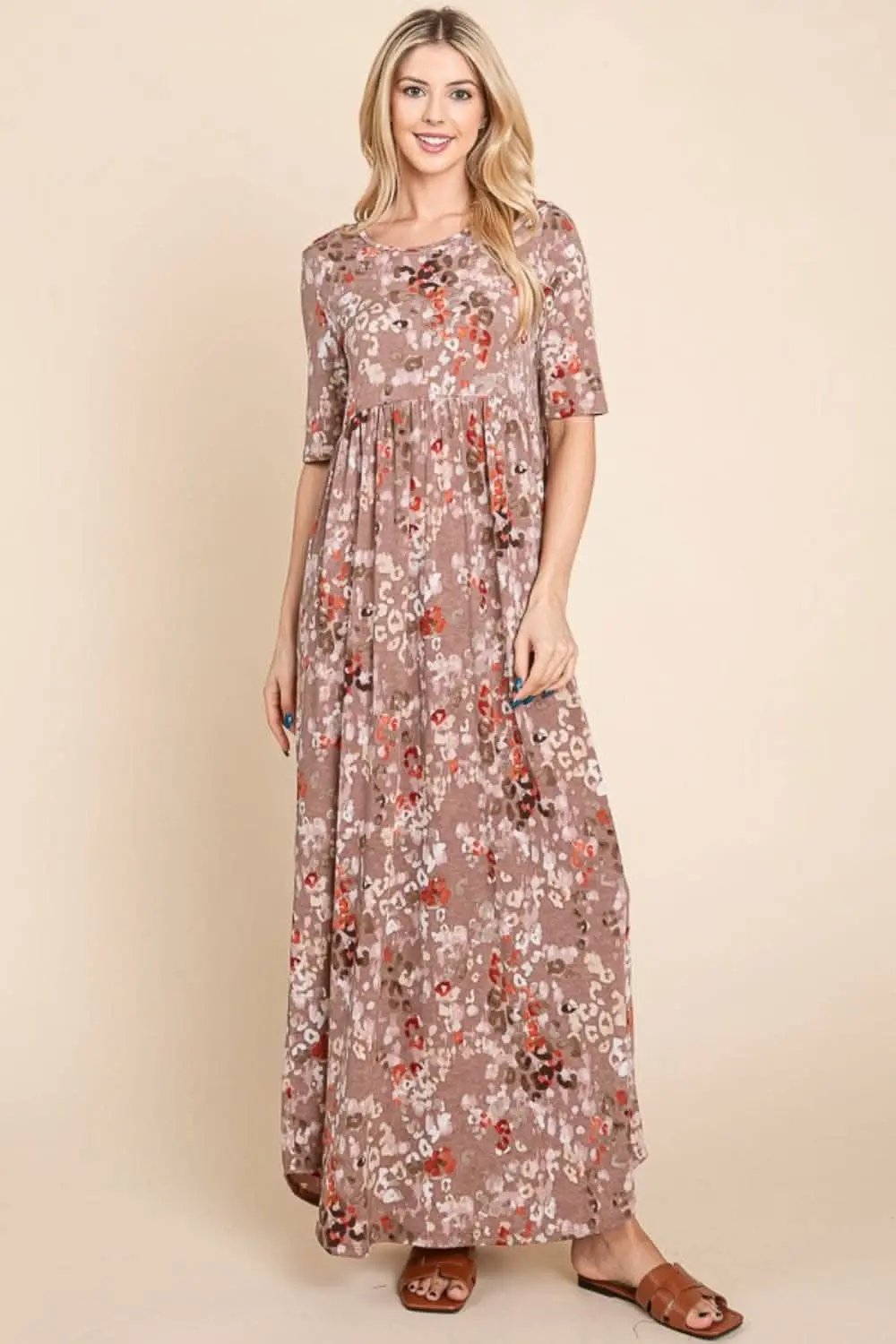 Trendsi BOMBOM Printed Shirred Maxi Dress for Effortless E