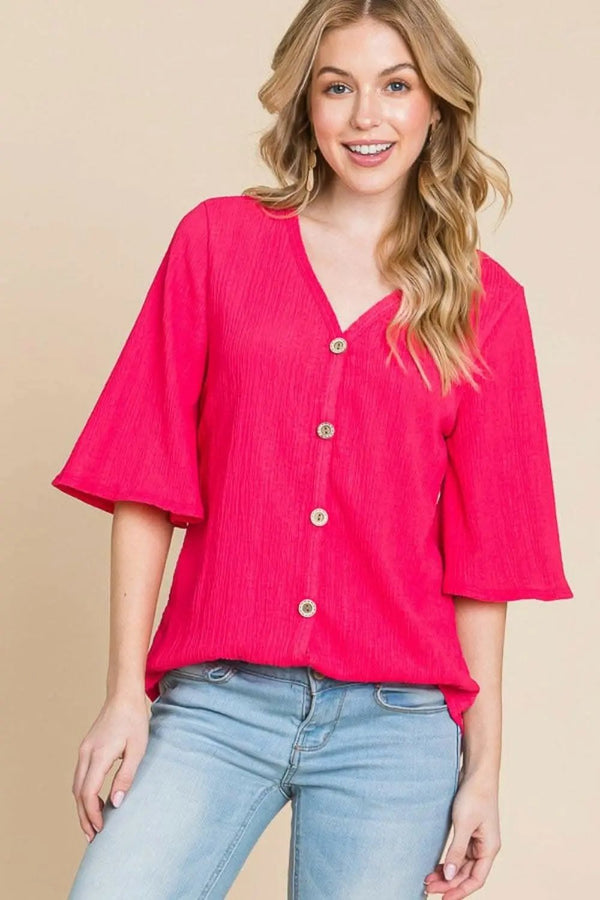 Trendsi just arrived - BOMBOM Texture Decorative Button V-Neck Top