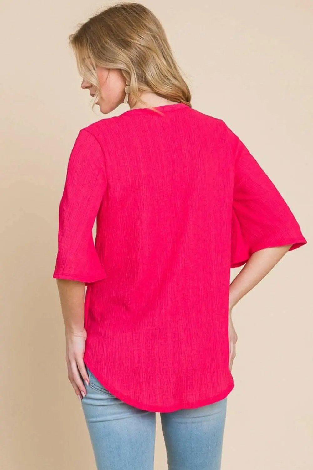 Trendsi just arrived - BOMBOM Texture Decorative Button V-Neck Top