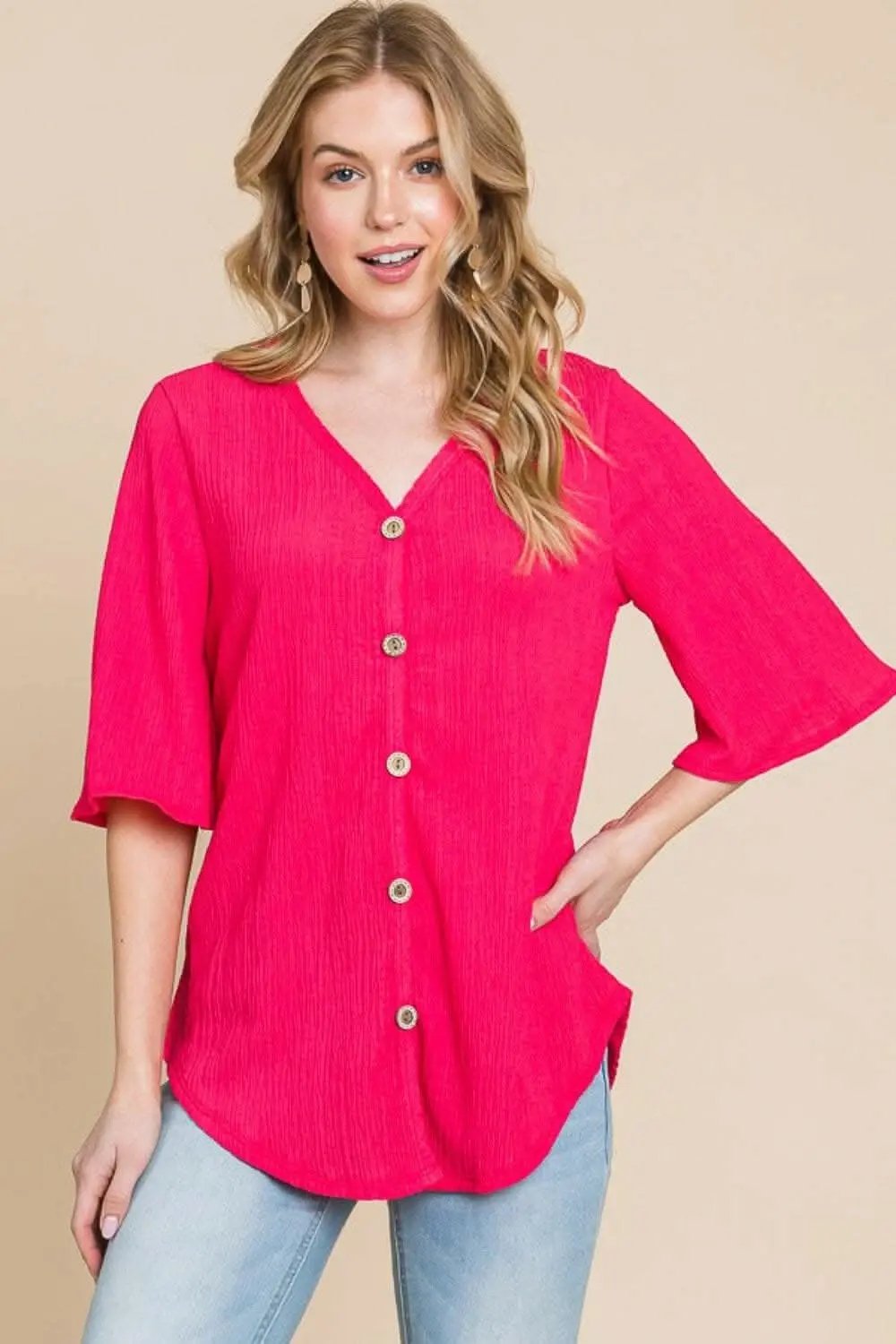 Trendsi just arrived - BOMBOM Texture Decorative Button V-Neck Top