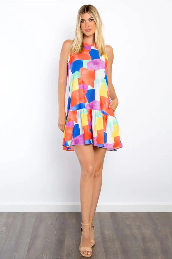 Trendsi Be Stage Abstract Print Ruffle Hem Mini Dress with