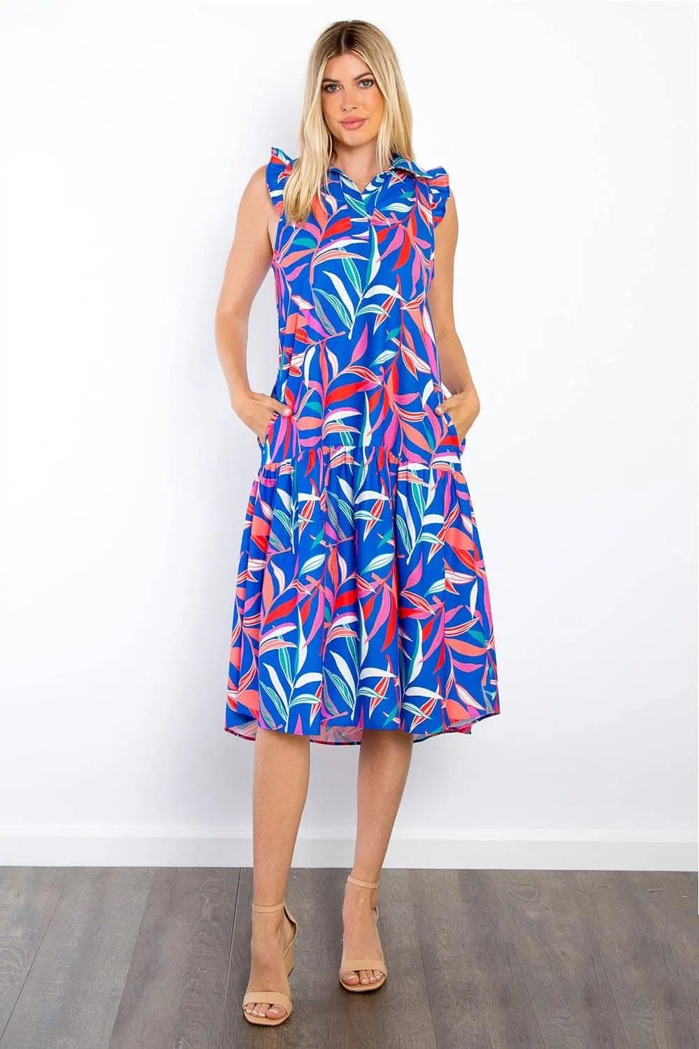 Trendsi Be Stage Print Ruffled Midi Dress with Pockets Chic
