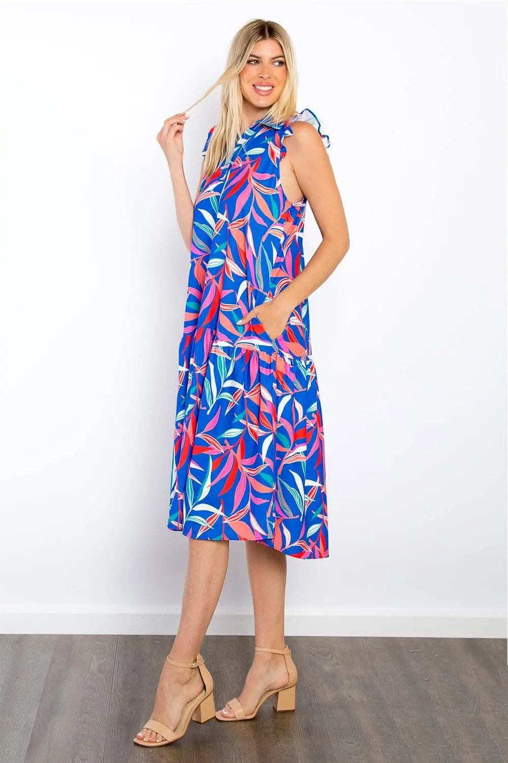 Trendsi Be Stage Print Ruffled Midi Dress with Pockets Chic