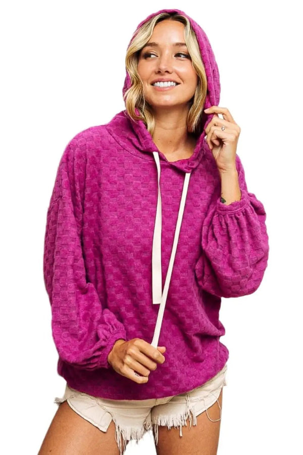 Trendsi BiBi Brushed Checker Women's Hoodie Casual Comfy Drawstring Long Sleeve Top