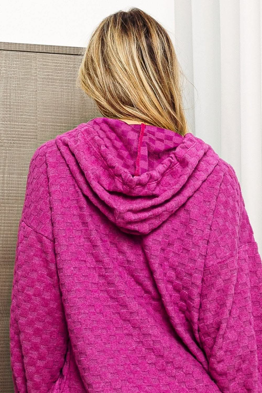 Trendsi BiBi Brushed Checker Women's Hoodie Casual Comfy Drawstring Long Sleeve Top