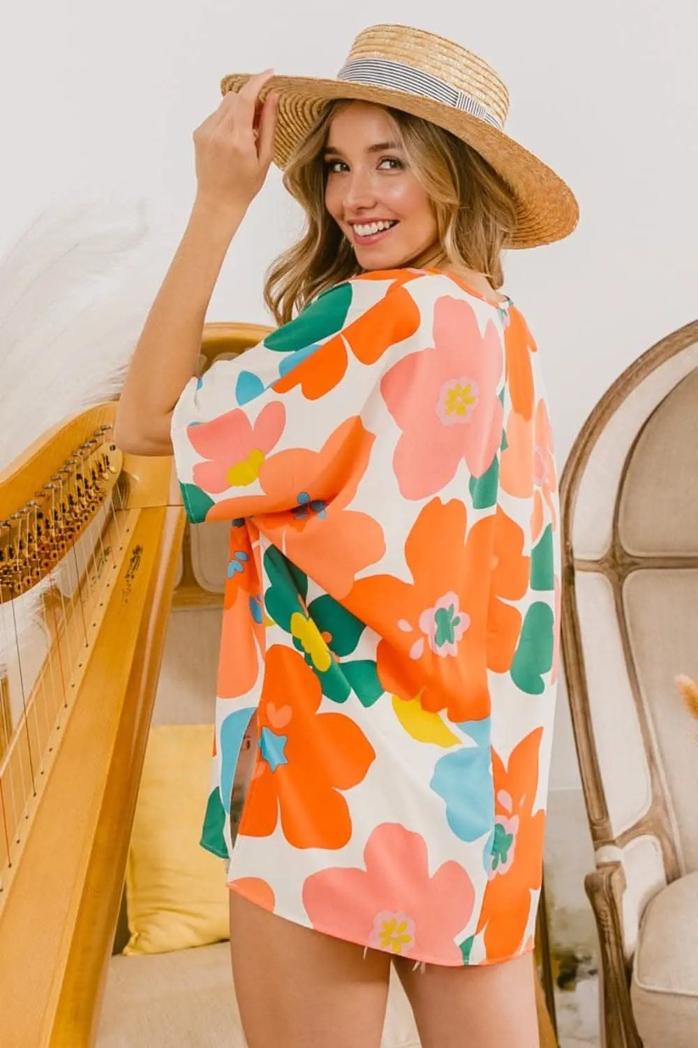 Trendsi BiBi Floral V Neck Slit Side T-Shirt