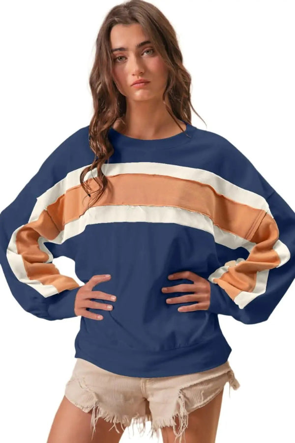 Trendsi BiBi French Terry Color Block Cut Edge Detail Swea