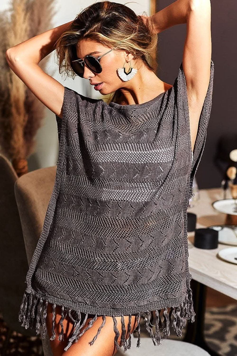 Knit Top - Fringed Hem - Short Sleeve