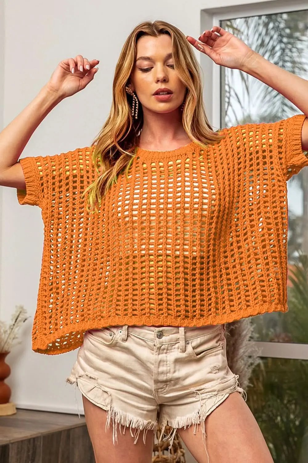 Knit Cover Up - Hollow Out Lightweight - Short Sleeve Top